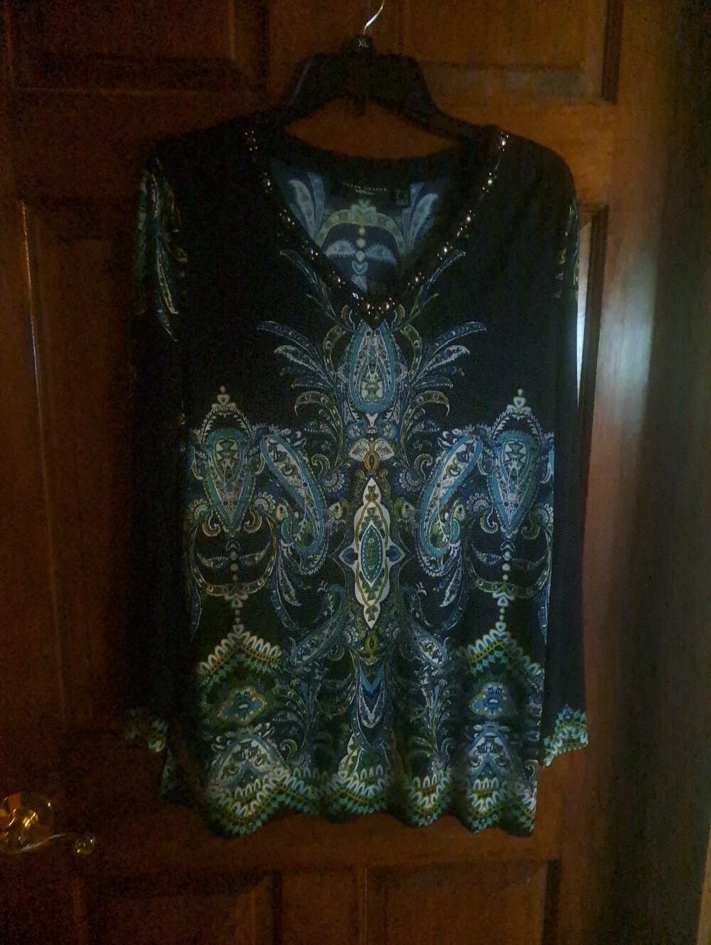 Susan Graver Black V-Neck Paisley Tunic with Blue & Green Accents